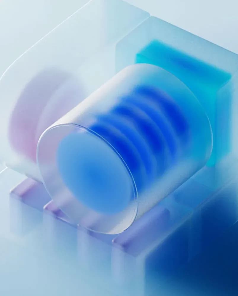 Frosted glass shapes, a cylinder and blocks, glowing blue inside