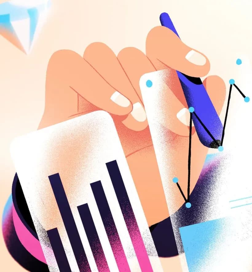 A hand with a stylus drawing a rising line beside a bar chart