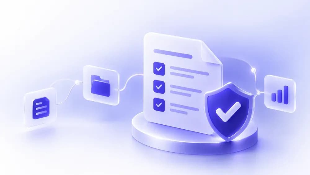 A checklist document with every item ticked and a shield, connected to files, folders and a report