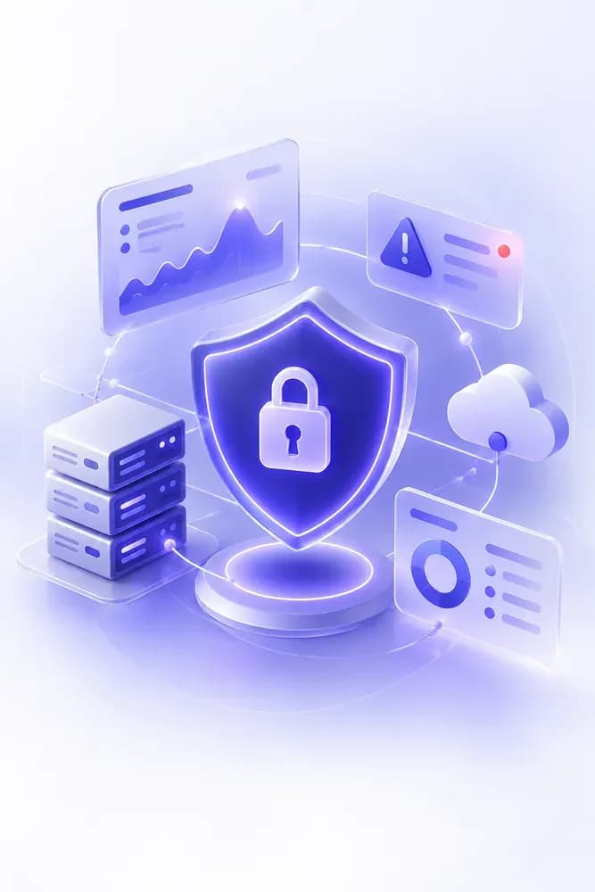 A glowing shield with a padlock, linked to servers, a cloud and monitoring dashboards