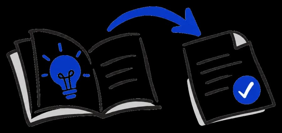 An open notebook with a lightbulb, and an arrow to a finished, checked document