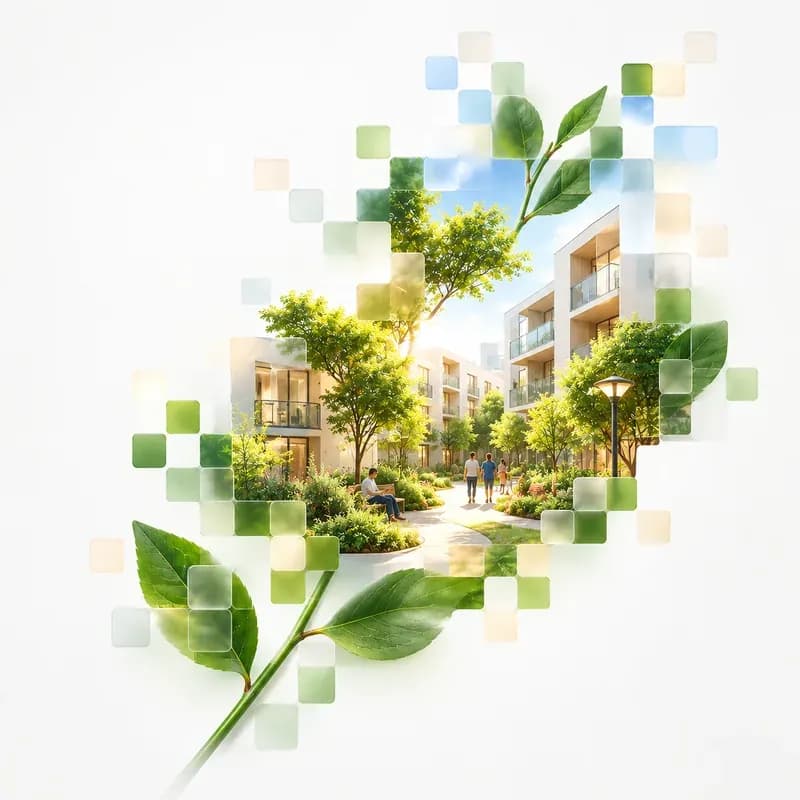 A residential courtyard garden with neighbours walking between apartment buildings, framed by leaves and frosted glass tiles