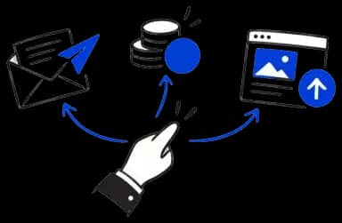 A hand about to choose between sending an email, paying, and publishing a page