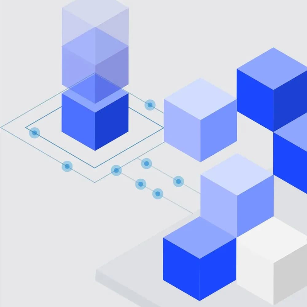 Blue isometric blocks connected by circuit lines on a grey ground
