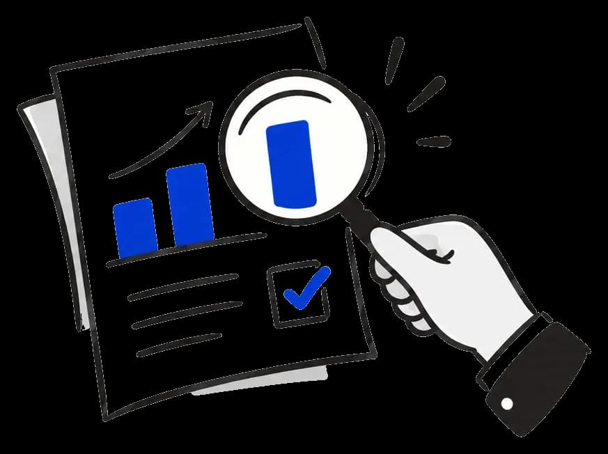 A hand holding a magnifying glass over a report with a bar chart and a ticked box