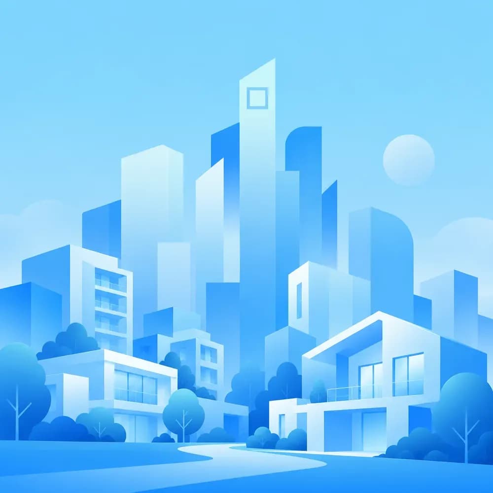 An illustrated skyline of blue towers behind modern homes and trees